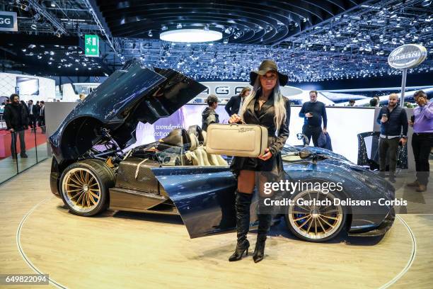 Pagani Huayra Roadster on display during the second press day of the Geneva Motor Show 2017 at the Geneva Palexpo on March 8, 2017 in Geneva,...