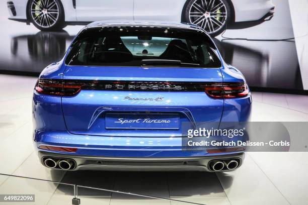 Porsche Panamera 4S Sport Turismo on display during the second press day of the Geneva Motor Show 2017 at the Geneva Palexpo on March 8, 2017 in...