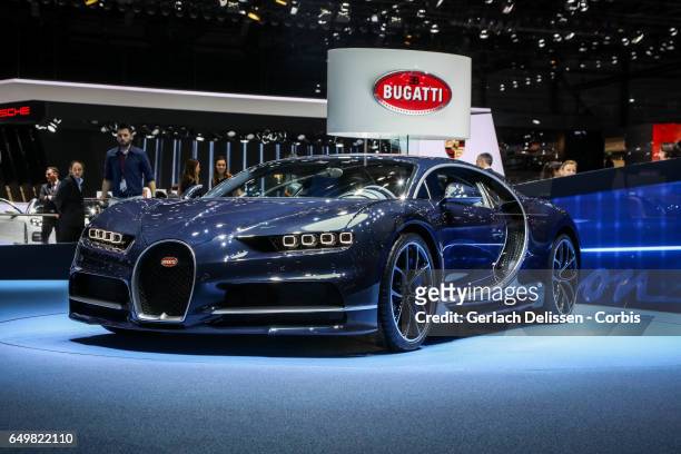 The Bugatti Chiron on display during the second press day of the Geneva Motor Show 2017 at the Geneva Palexpo on March 8, 2017 in Geneva, Switzerland.