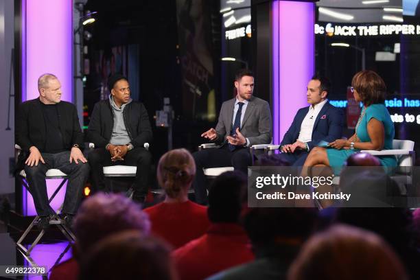 Harvey Weinstein, Jay Z, NYT writer Michael Schwirtz, lawyer Paul Prestia, and Gayle King speak onstage during TIME AND PUNISHMENT: A Town Hall...