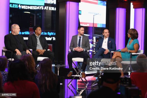 Harvey Weinstein, Jay Z, NYT writer Michael Schwirtz, lawyer Paul Prestia, and Gayle King speak onstage during TIME AND PUNISHMENT: A Town Hall...