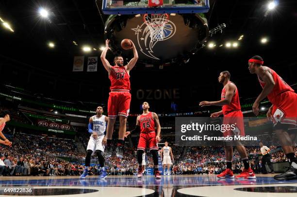 Joffrey Lauvergne of the Chicago Bulls grabs the rebound against the Orlando Magic on March 8, 2017 at Amway Center in Orlando, Florida. NOTE TO...