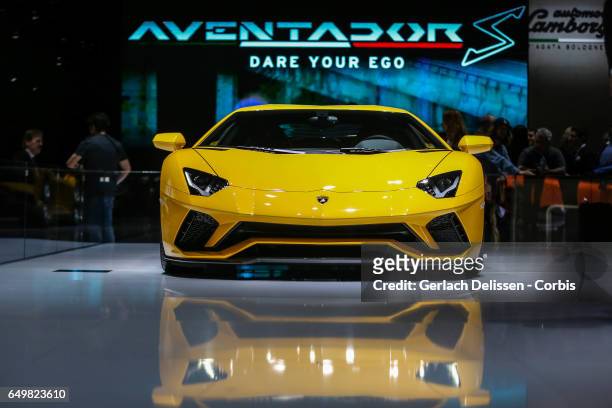 Lamborghini Aventador S on display during the second press day of the Geneva Motor Show 2017 at the Geneva Palexpo on March 8, 2017 in Geneva,...