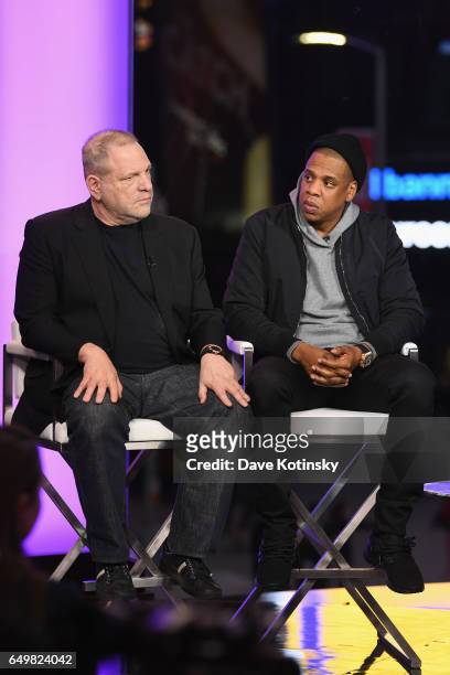 Harvey Weinstein, and Jay Z speak onstage during TIME AND PUNISHMENT: A Town Hall Discussion with JAY Z and Harvey Weinstein on Spike TV at MTV...