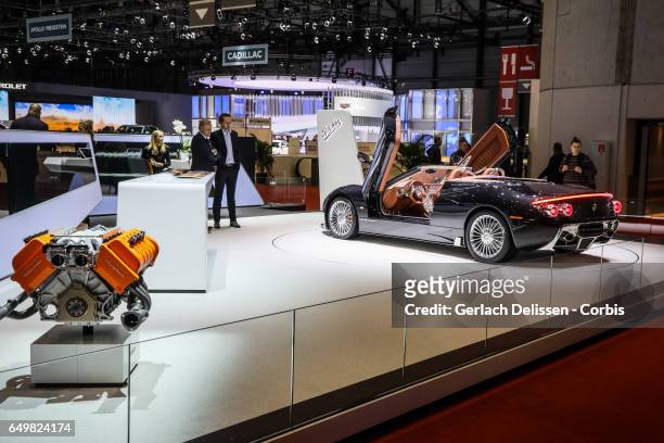 The Spyker C8 Preliator Spyder on display during the second press day of the Geneva Motor Show 2017 at the Geneva Palexpo on March 8, 2017 in Geneva,...
