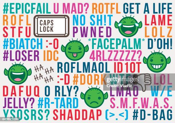 ilustraciones, imágenes clip art, dibujos animados e iconos de stock de trol de la jerga de siglas de internet redes sociales siglas texto mensaje - maltrato emocional
