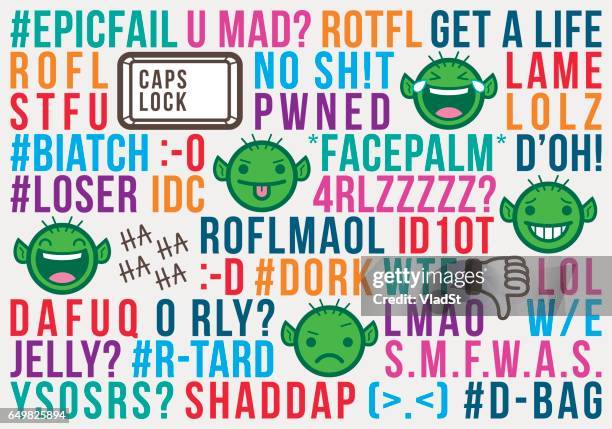 troll internet social media acronyms text message abbreviations slang - anti bullying symbols stock illustrations