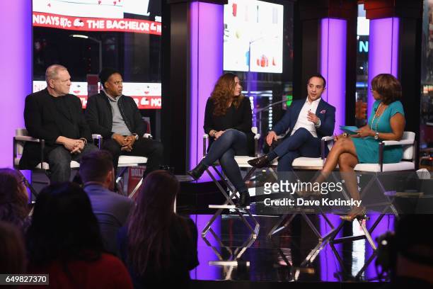 Harvey Weinstein, Jay Z, Kristi Jacobson, lawyer Paul Prestia, and Gayle King speak onstage during TIME AND PUNISHMENT: A Town Hall Discussion with...