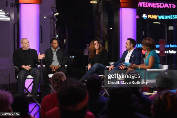 Harvey Weinstein, Jay Z, Kristi Jacobson, lawyer Paul Prestia, and Gayle King speak onstage during TIME AND PUNISHMENT: A Town Hall Discussion with...