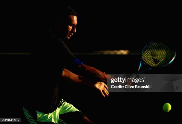 Nick Kyrgios of Australia in action during a practice session on day three of the BNP Paribas Open at Indian Wells Tennis Garden on March 8, 2017 in...