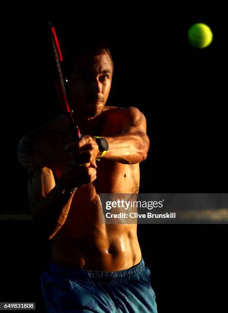 Lukas Rosol of Czech Republic in action during a practice session on day three of the BNP Paribas Open at Indian Wells Tennis Garden on March 8, 2017...