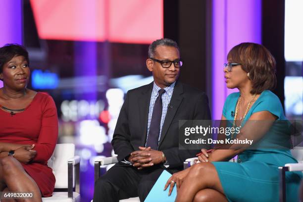 Joy Reid and Vincent Warren speak onstage with Gayle King during TIME AND PUNISHMENT: A Town Hall Discussion with JAY Z and Harvey Weinstein on Spike...