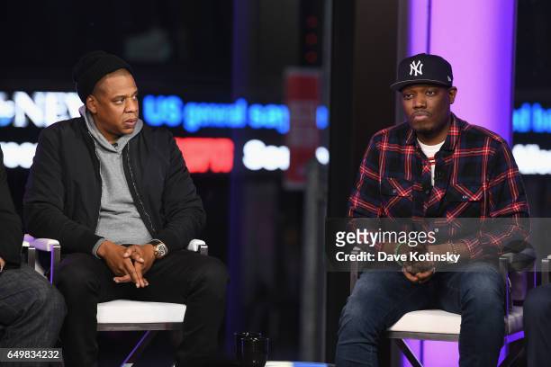 Jay Z and Michael Che speak onstage during TIME AND PUNISHMENT: A Town Hall Discussion with JAY Z and Harvey Weinstein on Spike TV at MTV Studios on...