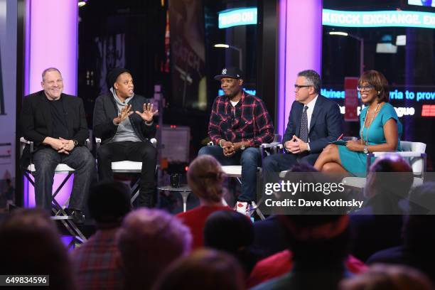 Harvey Weinstein, Jay Z, Michael Che, Jeffrey Toobin, and Gayle King speak onstage during TIME AND PUNISHMENT: A Town Hall Discussion with JAY Z and...