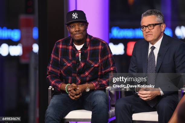 Michael Che and Jeffrey Toobin speak onstage during TIME AND PUNISHMENT: A Town Hall Discussion with JAY Z and Harvey Weinstein on Spike TV at MTV...