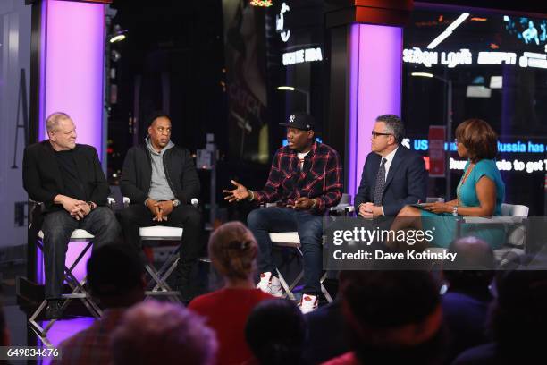 Harvey Weinstein, Jay Z, Michael Che, Jeffrey Toobin, and Gayle King speak onstage during TIME AND PUNISHMENT: A Town Hall Discussion with JAY Z and...