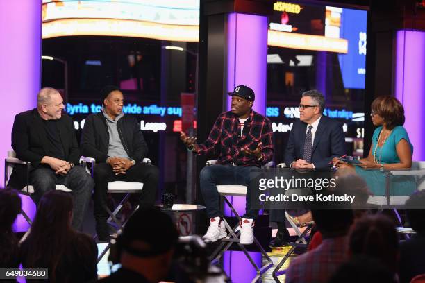 Harvey Weinstein, Jay Z, Michael Che, Jeffrey Toobin, and Gayle King speak onstage during TIME AND PUNISHMENT: A Town Hall Discussion with JAY Z and...