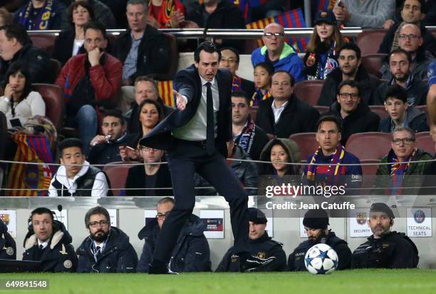 Coach of PSG Unai Emery gestures during the UEFA Champions League Round of 16 second leg match between FC Barcelona and Paris Saint-Germain at Camp...