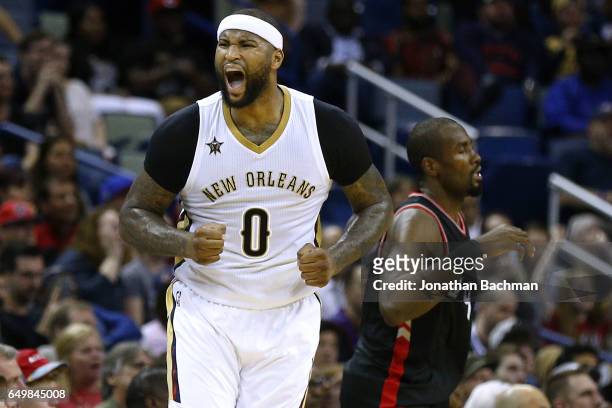 DeMarcus Cousins of the New Orleans Pelicans reacts after missing a shot during the second half of a game against the Toronto Raptors at the Smoothie...