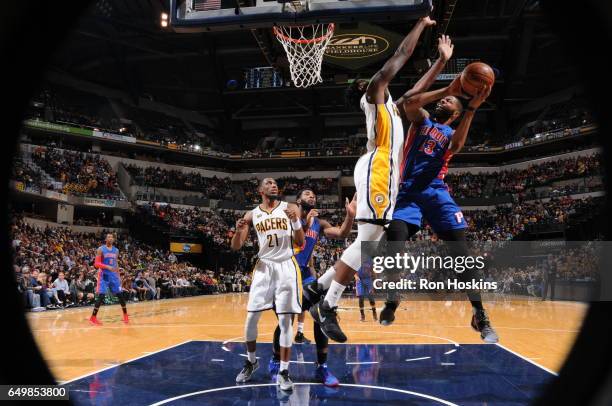 Marcus Morris of the Detroit Pistons shoots the ball against the Indiana Pacers on March 8, 2017 at Bankers Life Fieldhouse in Indianapolis, Indiana....