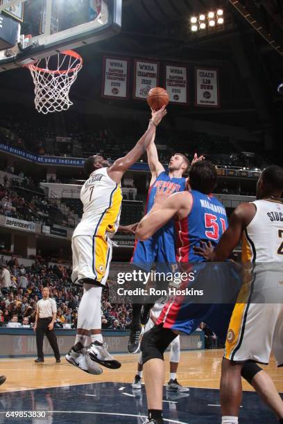 Jon Leuer of the Detroit Pistons shoots the ball against the Indiana Pacers on March 8, 2017 at Bankers Life Fieldhouse in Indianapolis, Indiana....