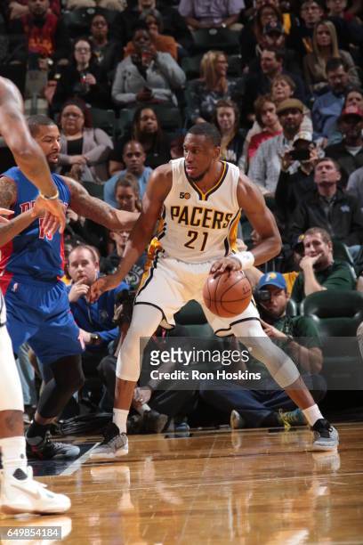 Thaddeus Young of the Indiana Pacers handles the ball against the Detroit Pistons on March 8, 2017 at Bankers Life Fieldhouse in Indianapolis,...