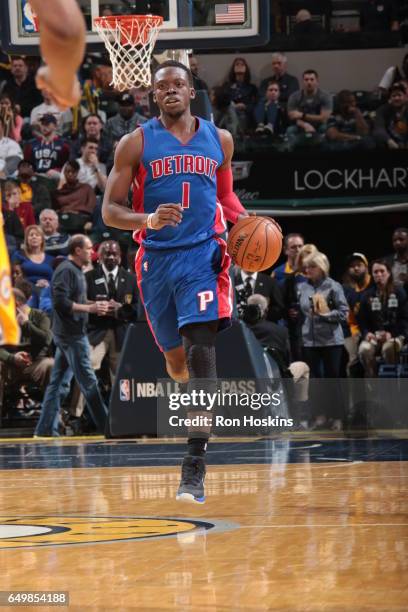 Reggie Jackson of the Detroit Pistons handles the ball against the Indiana Pacers on March 8, 2017 at Bankers Life Fieldhouse in Indianapolis,...