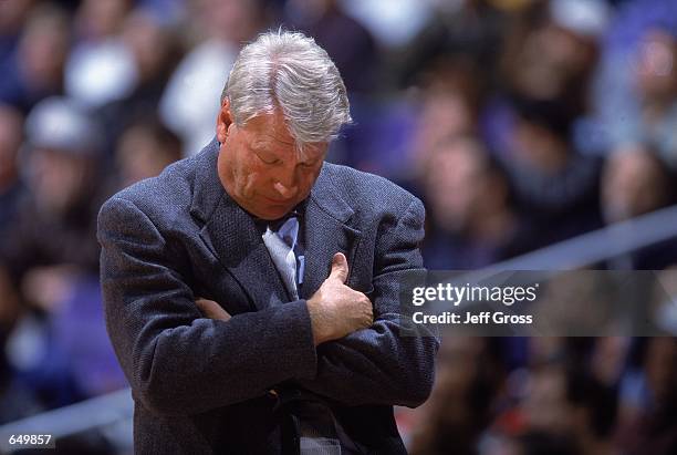 Close up of Head Coach Don Nelson of the Dallas Mavericks as he looks down during the game against the Los Angeles Clippers at the STAPLES Center in...