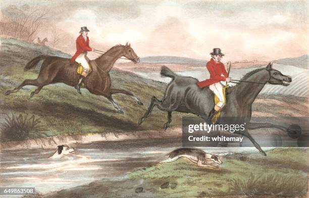 fox hunting with hounds - hand tinted stock illustrations