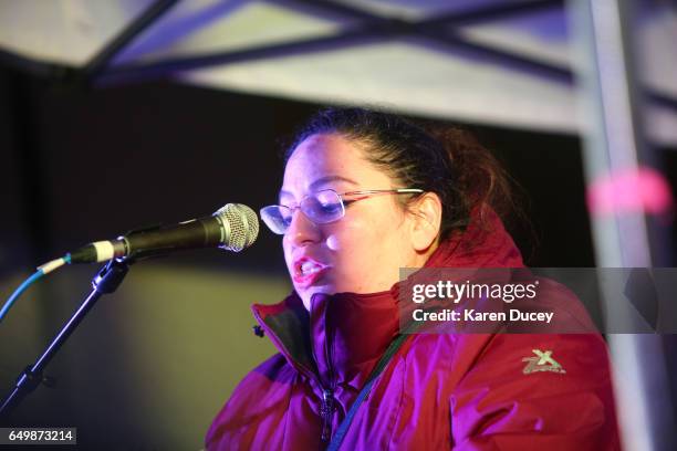 Leticia Parks, Mexican activist and member of Socialist Alternative and Morena speaks a rally at Westlake Center on March 8, 2017 in Seattle,...