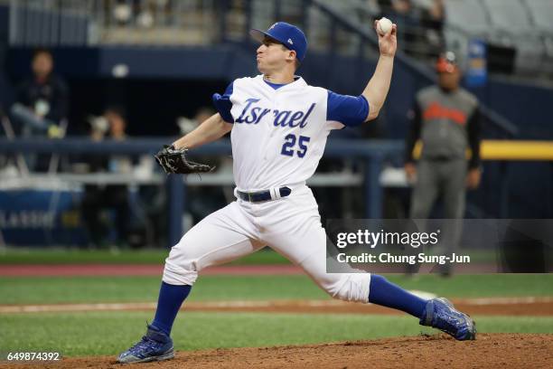 Pitcher Alex Katz of Israel in the top of the sixth inning during the World Baseball Classic Pool A Game Five between Netherlands and Israel at...