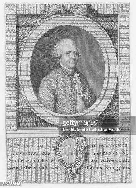 Engraved portrait of Charles Gravier, Count of Vergennes, a French diplomat and Foreign Minister that provided support to the Americans during the...