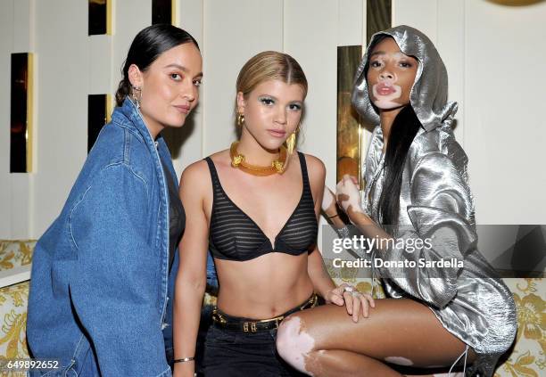 Chloe Bartoli, host Sofia Richie and model Winnie Harlow attend the DL1961 campaign launch with Sofia Richie and Jasmine Sanders at The Nice Guy on...