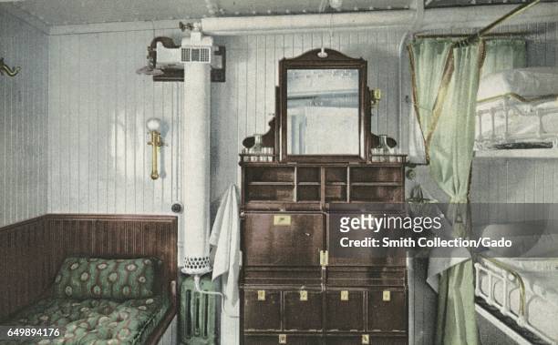 Postcard showing the interior of a state room on the RMS Olympic, 1914. From the New York Public Library. .