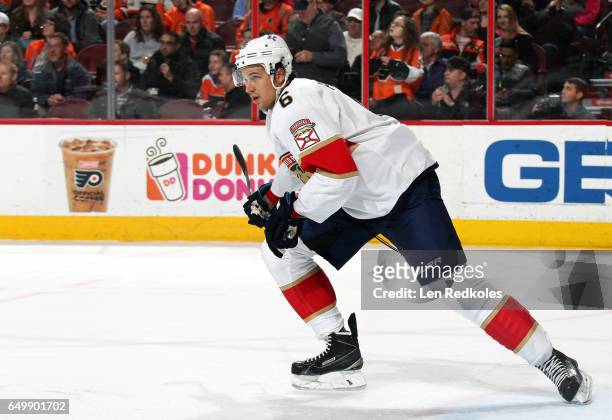 Alex Petrovic of the Florida Panthers skates against the Philadelphia Flyers on March 2, 2017 at the Wells Fargo Center in Philadelphia, Pennsylvania.