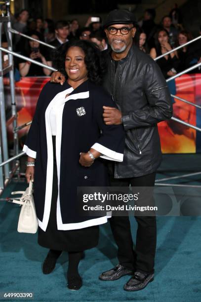 Actor Samuel L. Jackson and LaTanya Richardson attend the premiere of Warner Bros. Pictures' "Kong: Skull Island" at Dolby Theatre on March 8, 2017...