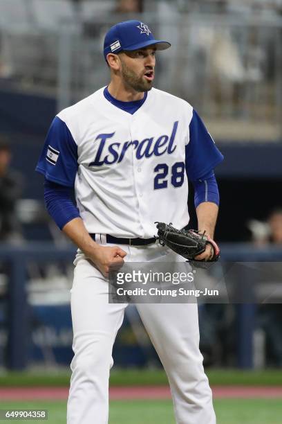 Pitcher Josh Zeid of Israel celebrates his team's win after the World Baseball Classic Pool A Game Five between Netherlands and Israel at Gocheok Sky...