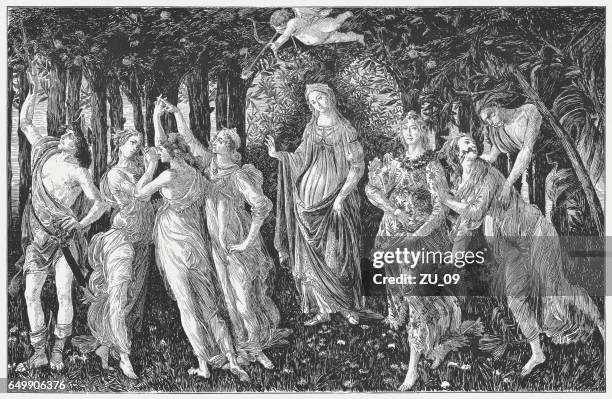 illustrazioni stock, clip art, cartoni animati e icone di tendenza di la primavera, dipinta da sandro botticelli, incisione su legno, pubblicata nel 1884 - zefiro dio greco