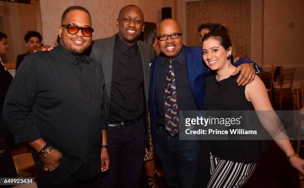 Tricky Stewart, Chaka Zulu, Hurricane Dave and Dina Marto attend a Private Dinner Supporting candidate Kwanza Hall at the Georgian Terrace Hotel on...