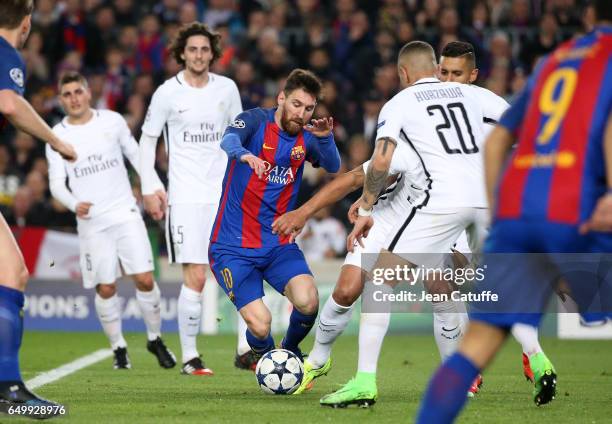 Lionel Messi of FC Barcelona in action during the UEFA Champions League Round of 16 second leg match between FC Barcelona and Paris Saint-Germain at...