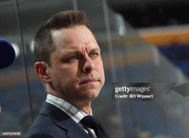 Broadcaster Martin Biron works an NHL game between the Buffalo Sabres and Nashville Predators at the KeyBank Center on February 28, 2017 in Buffalo,...