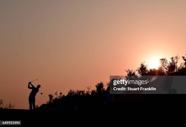 Rafa Cabrera Bello of Spain plays a shot during the first round of the Hero Indian Open at Dlf Golf and Country Club on March 9, 2017 in New Delhi,...