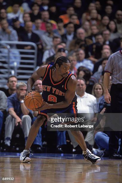 Latrell Sprewell of the New York Knicks moves with the ball during the game against the Los Angeles Clippers at the STAPLES Center in Los Angeles,...