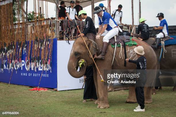 Polo player rides an elephant during the 2017 King's Cup Elephant Polo at Anantara Chaopraya Resort in Bangkok, Thailand on March 09, 2017. The...
