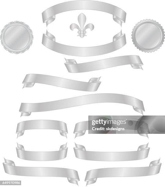shiny metallic silver banners, ribbons, stickers, fleur de lys set - metallic silver gradient stock illustrations