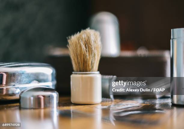 close-up of shaving set - shaving brush stock-fotos und bilder