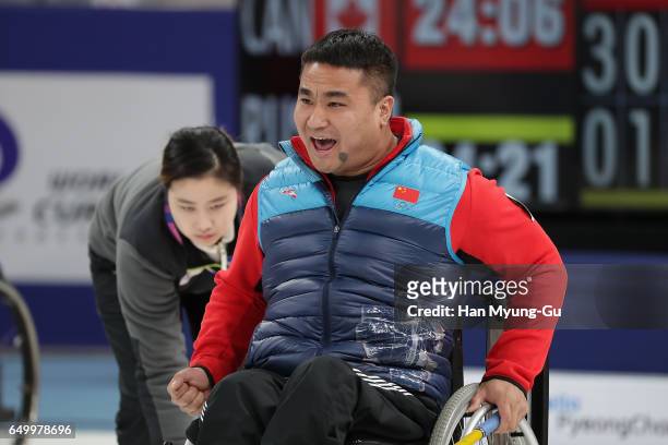 Haitao Wang from China reacts during the World Wheelchair Curling Championship 2017 - test event for PyeongChang 2018 Winter Olympic Games at...