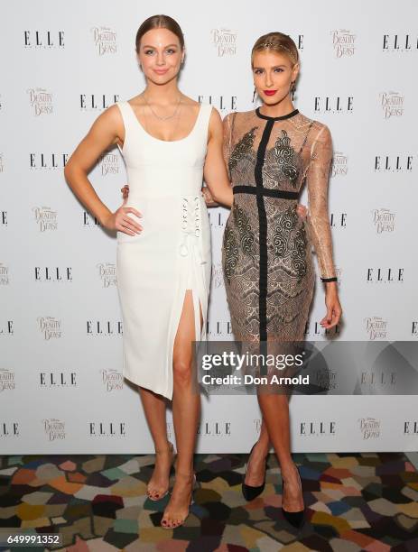 Ksenija Lukich and Erin Holland arrives ahead of the ELLE Australia Beauty and the Beast Cocktail Event on March 9, 2017 in Sydney, Australia.