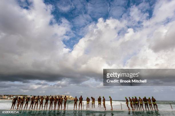 Teams gather for the start of Water Polo by the Sea at Bondi Icebergs on March 9, 2017 in Sydney, Australia. The event coincided with huge waves...