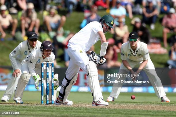 Morne Morkel of South Africa bats during day two of the First Test match between New Zealand and South Africa at University Oval on March 9, 2017 in...